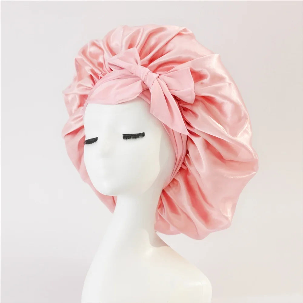 New Satin Sleeping Cap For Women Solid Wide Band Stretch Head Tie Silky Bonnet Edge Wrap Nightcap Hair Care Shower Head Cover