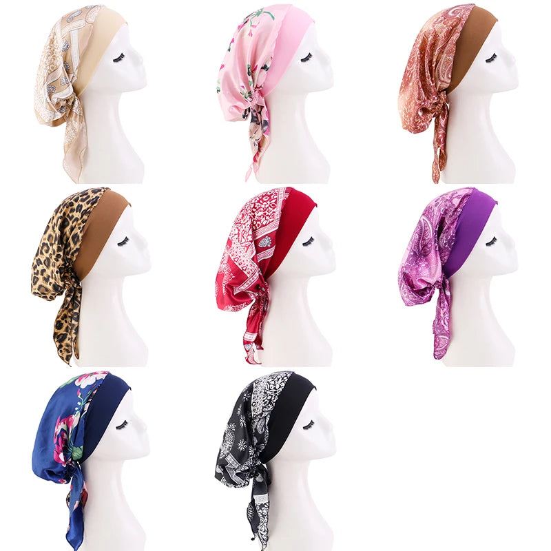 Women Satin Printed Turban Hat Stretch Wide-brimmed Nightcap Fashion Pre-tie Turban Wrap Head Cap Casual Durag Pirate Hat