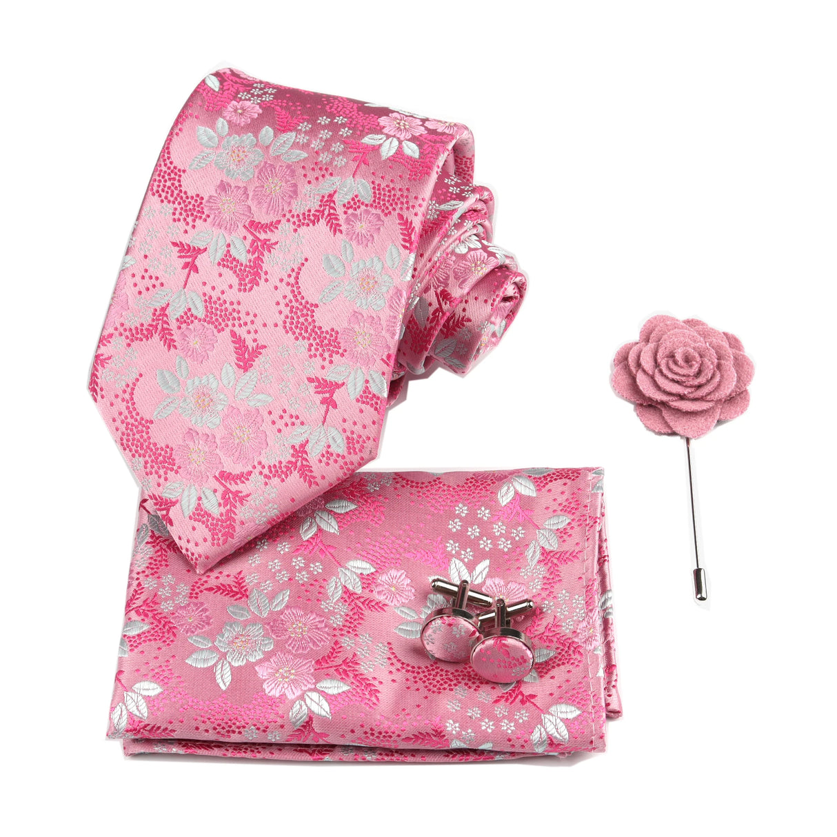 Floral Pink Silk Ties Set For Men Wedding Party Neck Tie Set Handkerchief Brooch Cufflinks Men Accessories High Quality Gravata