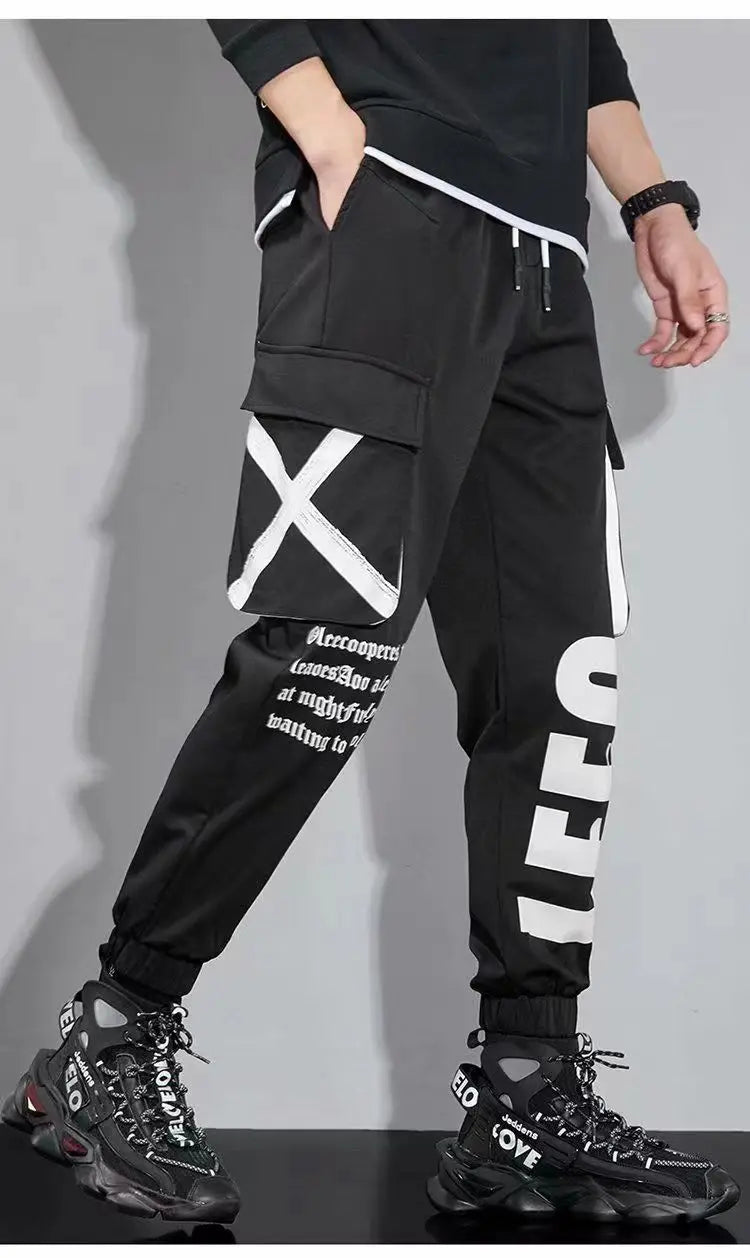 Classic Streetwear Casual Pants Men Ribbons Harem Jogging Pants Male Slim Fit Spring Cargo Pants Multi-Pockets Women Trouser J7