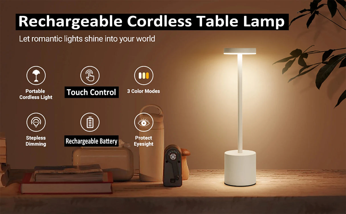 Rechargeable Table Lamp Touch Sensor LED Desktop Night Light Wireless Reading Lamp for Restaurant Hotel Bar Bedroom Decor Light