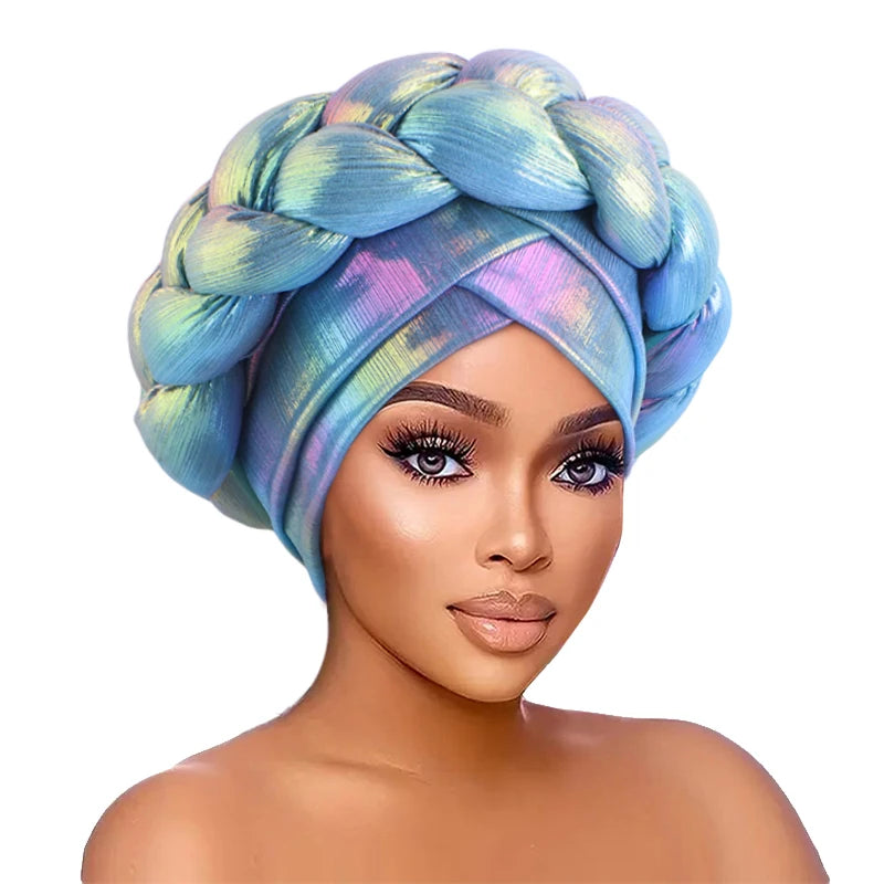 New African Colorful Laser Large Braid Turbans For Women Trendy Gradient Color Elastic Head Wraps Ramadan Chemo Hats Headscarf