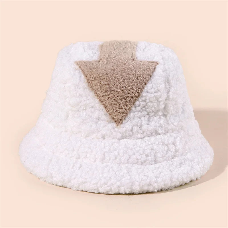 Women Appa Bucket Hat Lamb Wool Hat Winter Warm Fishing Caps Faux Fur Arrow Symbol Printed Bucket Hat for Men Tide Flat Top Hats