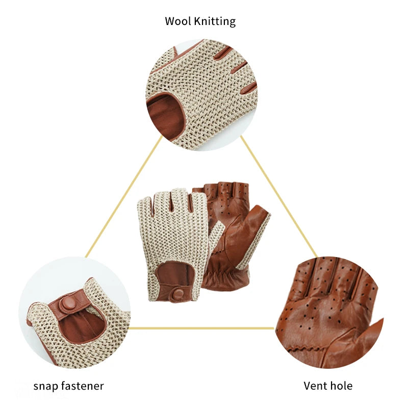 Men Driving Gloves motorcycle locomotive Half Finger Sheepskin Gloves Knitted Leather Male Car gloves guantes de trabajo