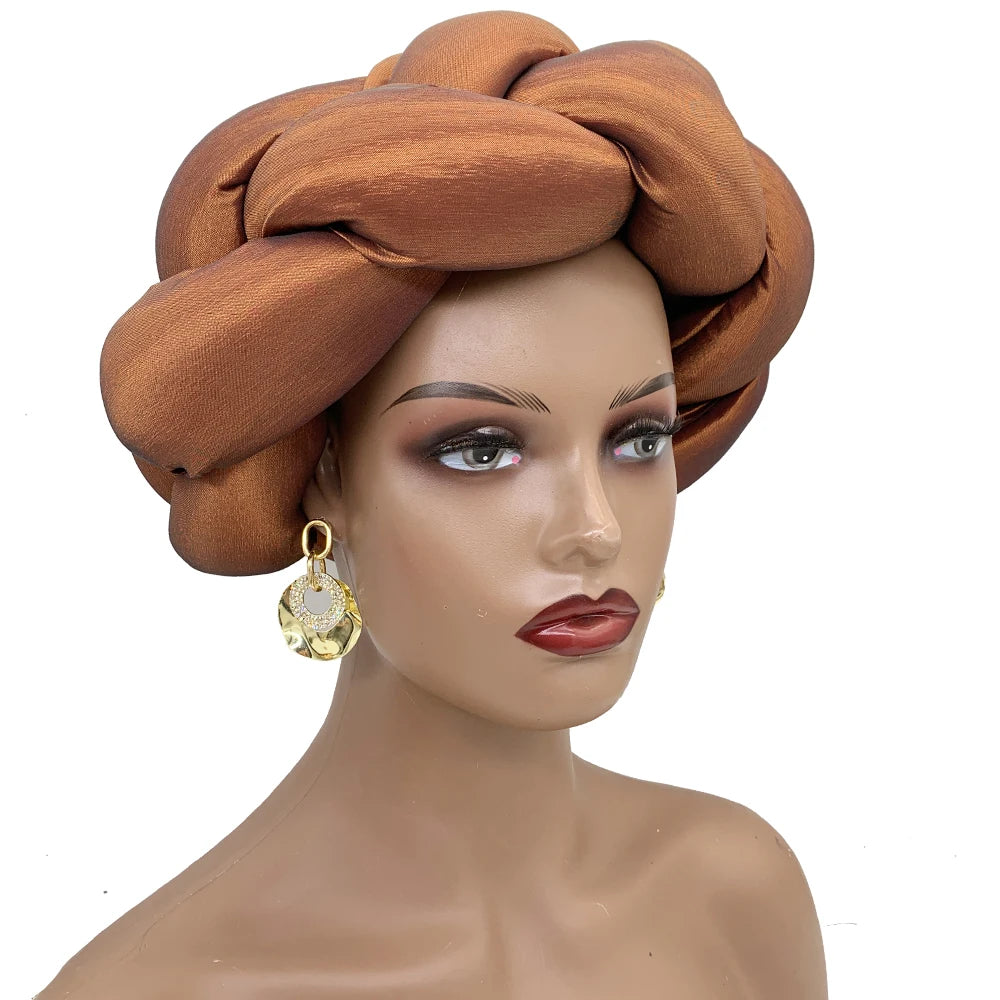 Exaggerated Big Braid Head Band African Raw Silk Turban Cap for Women Nigeria Wedding Party Headpiece Female Headband