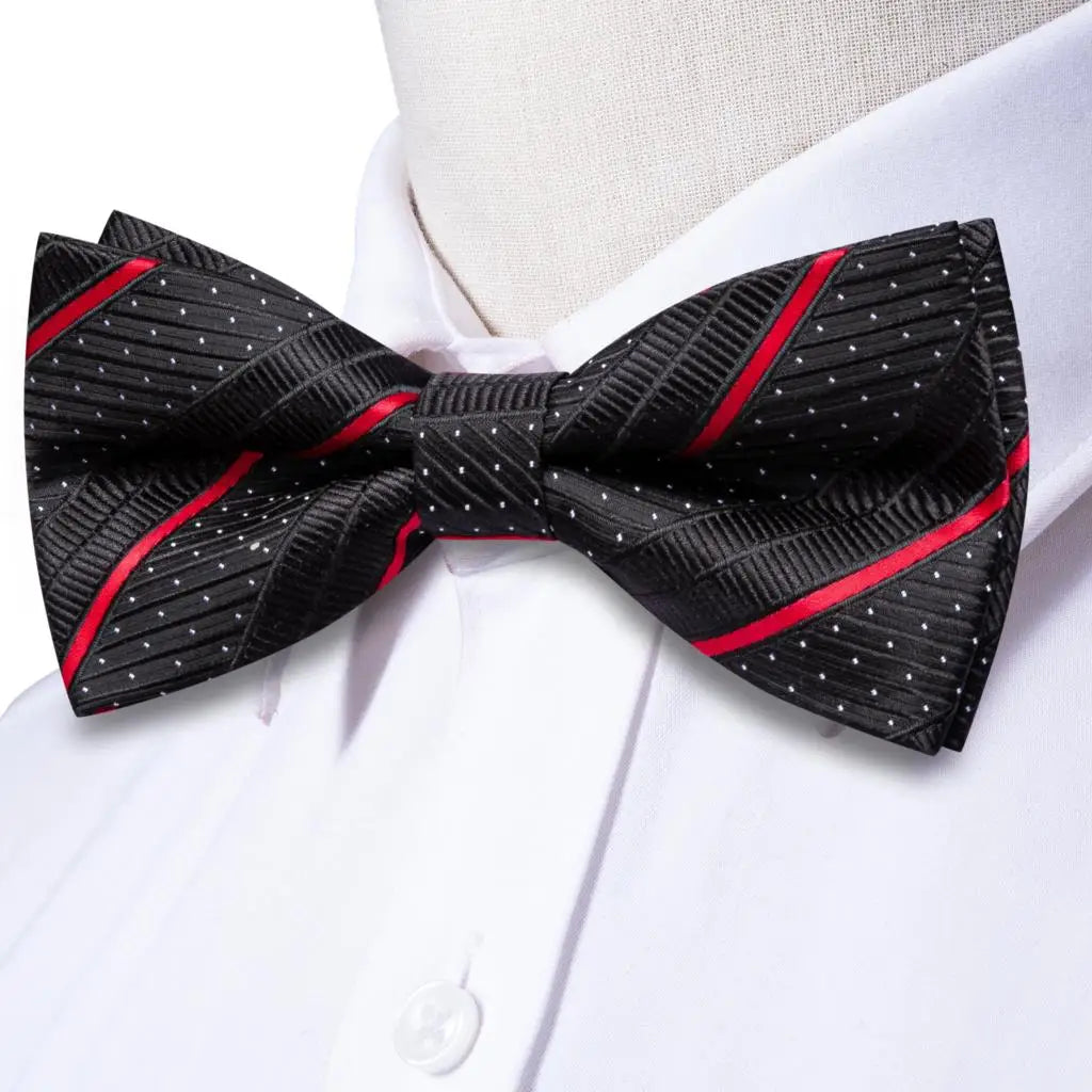 Hi-Tie Striped Black Red Mens Bow Tie Hankerchief Cufflink Pre-tied Silk Butterfly Knot Bowtie for Male Business Party Wholesale