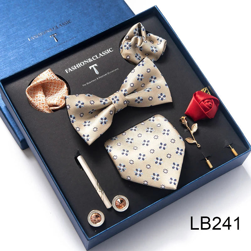 Brand Newest Design Silk Tie Set Handkerchief Pocket Squares Cufflink Bow Tie Clip Necktie Set Bussiness Wedding Suit Gift Box