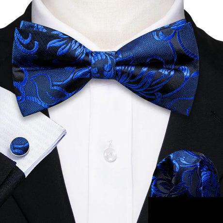 Barry.Wang Navy Royal Sky Blue Silk Mens Bow Tie Jacquard Paisley Floral Pre-Tied Bowtie Hanky Cufflinks Set Wedding Business