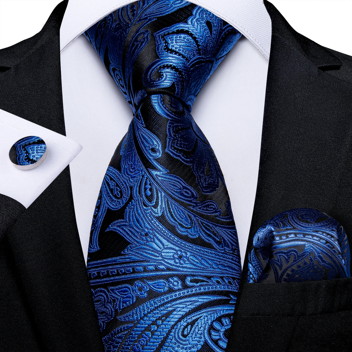 Elegant Blue Floral Paisley Men's 8cm Silk Tie Set with Pocket Square Cufflinks Business Suits Accessories Groom Wedding Cravat