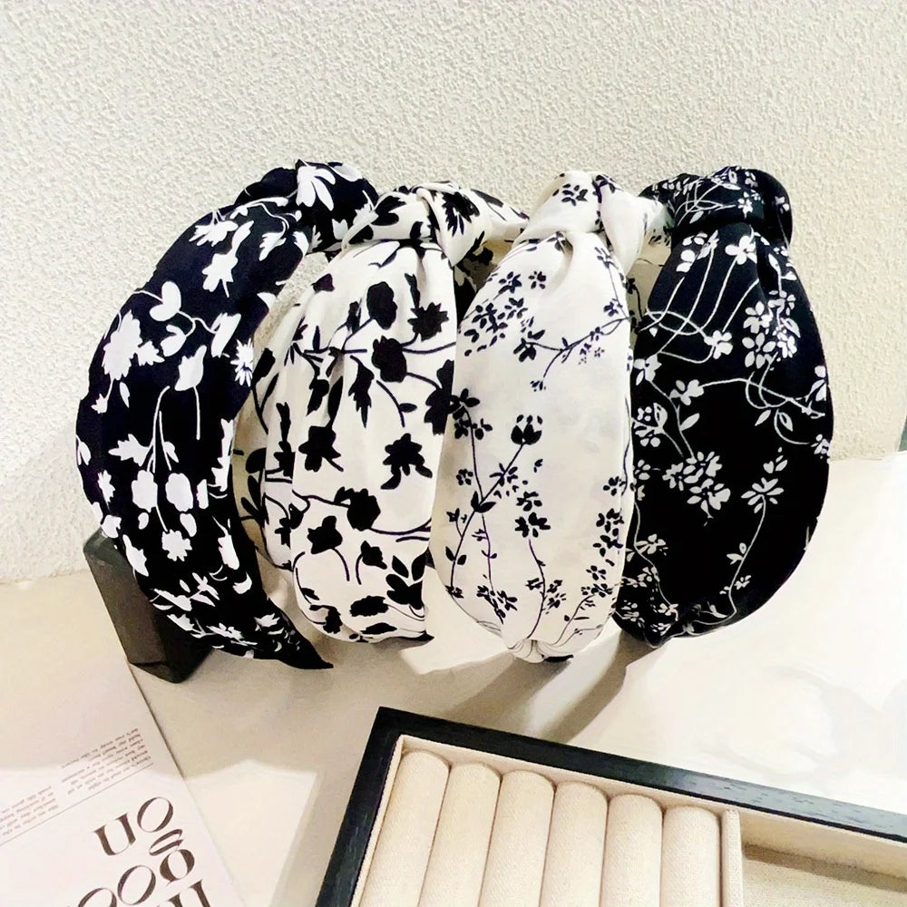 Elegant Floral Black White Hairbands for Women Girls Wide Edge Soft Hair Hoops Big Bowknot Cross Headband Hair Styling Tool Gift