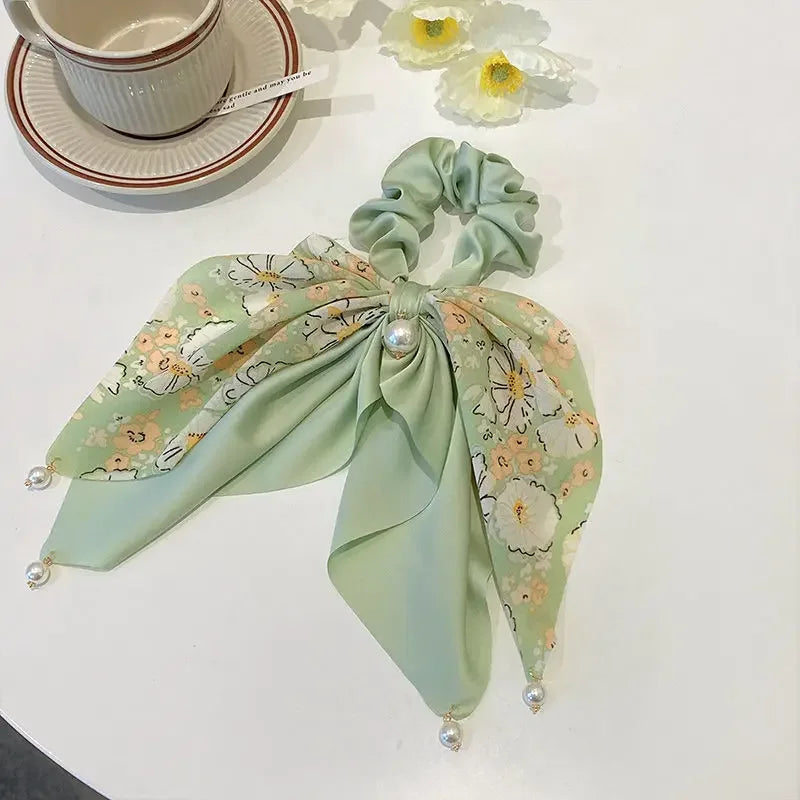 Korean Woman Summer Elegant Pearl Bow Elastics Hair Band Girls Fresh Scrunchies Hair Ties Ladies Ponytail Hold Hair Accessories