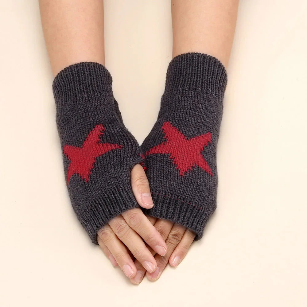 2024 Punk Y2K Knitted Woolen Gloves For Men Women Pentagram Half Finger Warm Soft Mittens Soft Star Hand Fingerless Gloves