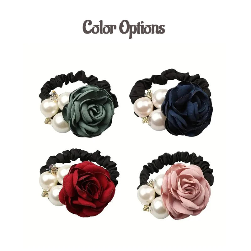Pearl Rose Flower Hair Elastics Bands Hair Ties Stretchy Rubber Hairbands Floral Headbands Scrunchies Ponytail Holder