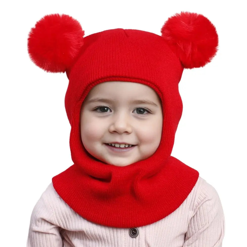 New Cute Balaclava Hats Children Double Balls One-piece Hat Scarf Boys Girls Autumn Winter Pompom Ball Wool Cap