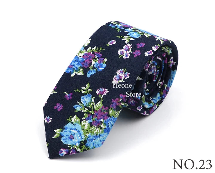 New Style Floral Printed 6cm Tie Blue Green Purple Skinny 100% Cotton Necktie For Men Women Wedding Party Suits Shirt Accessory