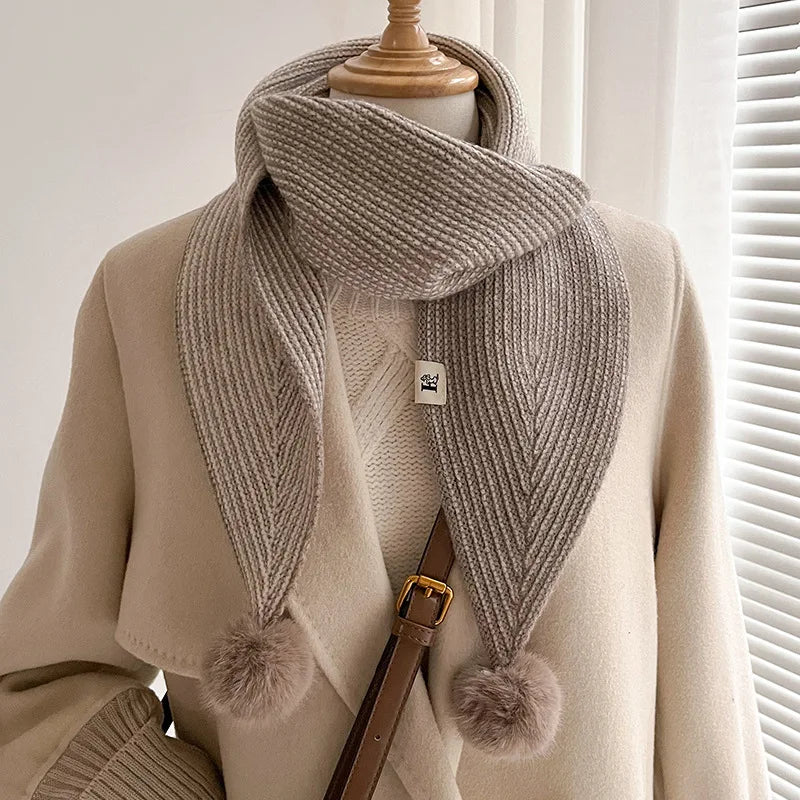 Ladies Fashion Solid Colour Narrow Sharp Corners Stripe Neckerchief Knitted Winter Warm Long Scarf With Pompom