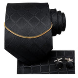 Hi-Tie Business Black Luxury Plaid Mens Tie Silk Neckties  Fashion Tie Chain Hanky Cufflinks Set Design Gift For Men Wedding