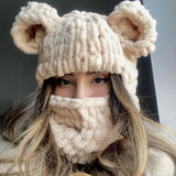 Combhasaki Women's Y2K Hooded Scarf Hats Cute Animal Ears Knitted Pullover Balaclava Winter Warm Beanie Cap for Cold Weather