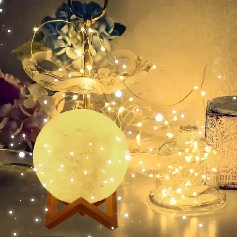 LED Night Light Moon Lamp DIY Starry Lamp Full Moon 3D Lamp Bedroom Decor Kids Birthday Gift Battery Power with Wooden Stand