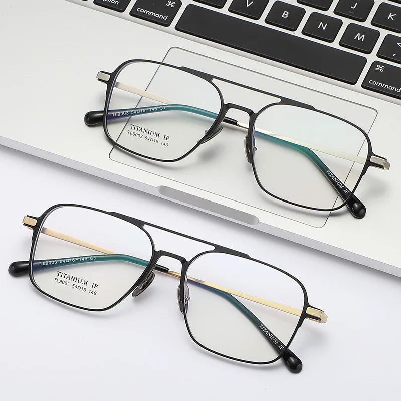 Light Pure Titanium Frames Retro Polygon Spectacle Pilot Ultra Double Bridge Customized Optical Prescription Eyeglasses Man