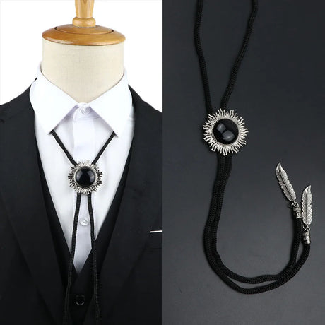 Vintage Bolo Tie Shirt Chain Cowboy Jazz Alloy Men Women Leather Rope Long Necklace Imitation Obsidian Sweater Chain Men Accesso