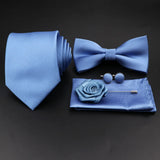 Hot Sale Red Blue Tie Set Polyester Slim Striped Necktie Bowtie Cufflink Brooch For Groom Suit Wedding Cravat Shirt Accessory