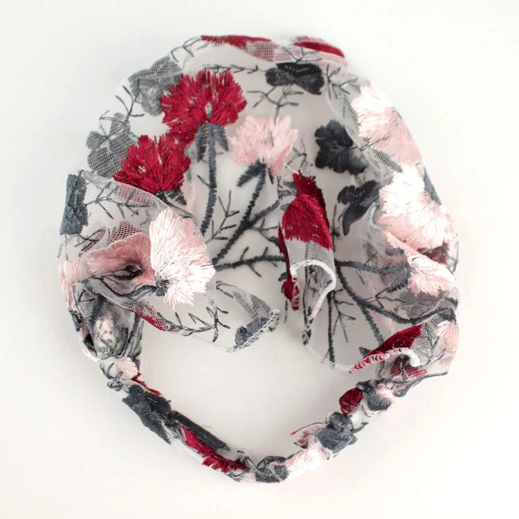 New Wide Headband for Women Ethnic Embroidery Flower Mesh Wide Edge Headbands Hibiscus Mutabilis Lace Bandaba Turban Headwear
