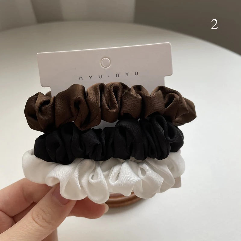 Silk Elastic Hair Bands Ponytail Holder Hair Tie Handmade White Black Coffee Hair Elastics 3Pcs Silky Satin Scrunchies Headwear