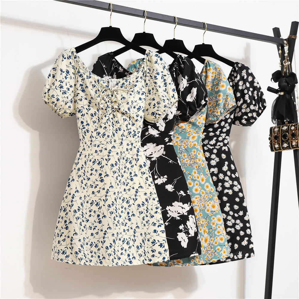 Mini robes d'été pour femmes, mode féminine, imprimé floral, en mousseline de soie, froncée, manches courtes bouffantes, robe décontractée