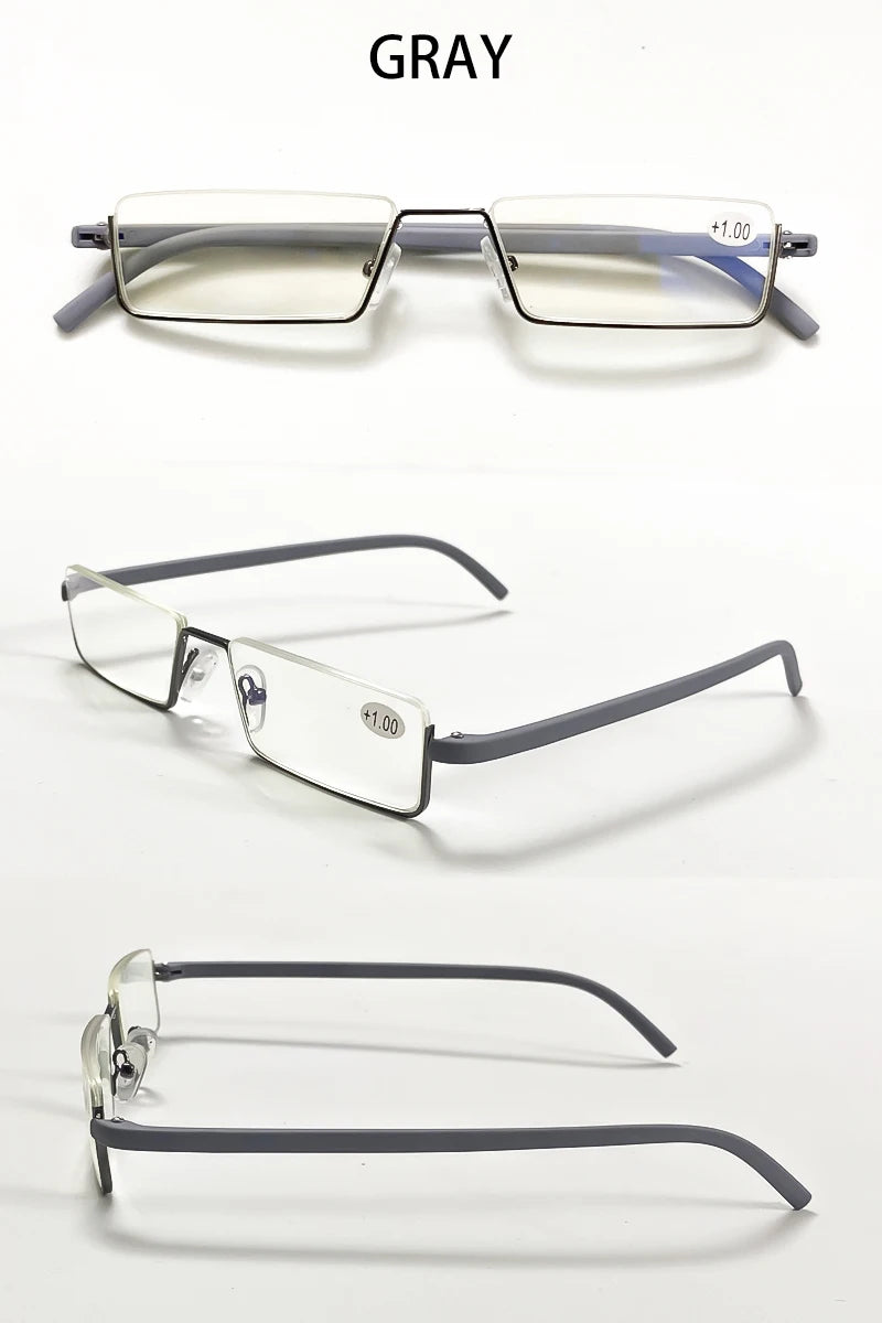 Men Women Metal Blue Light Blocking Reading Glasses with Case TR90 Half Frame HD Prescription Eyewear Presbyopia Diopter