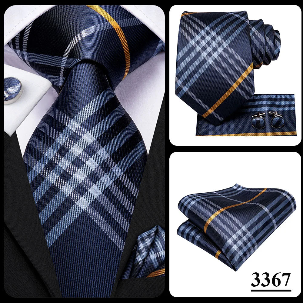 Hi-Tie Designer Grey Plaid Novelty Silk Wedding Tie For Men Handky Cufflink Gift Mens Necktie Fashion Business Party Dropshiping