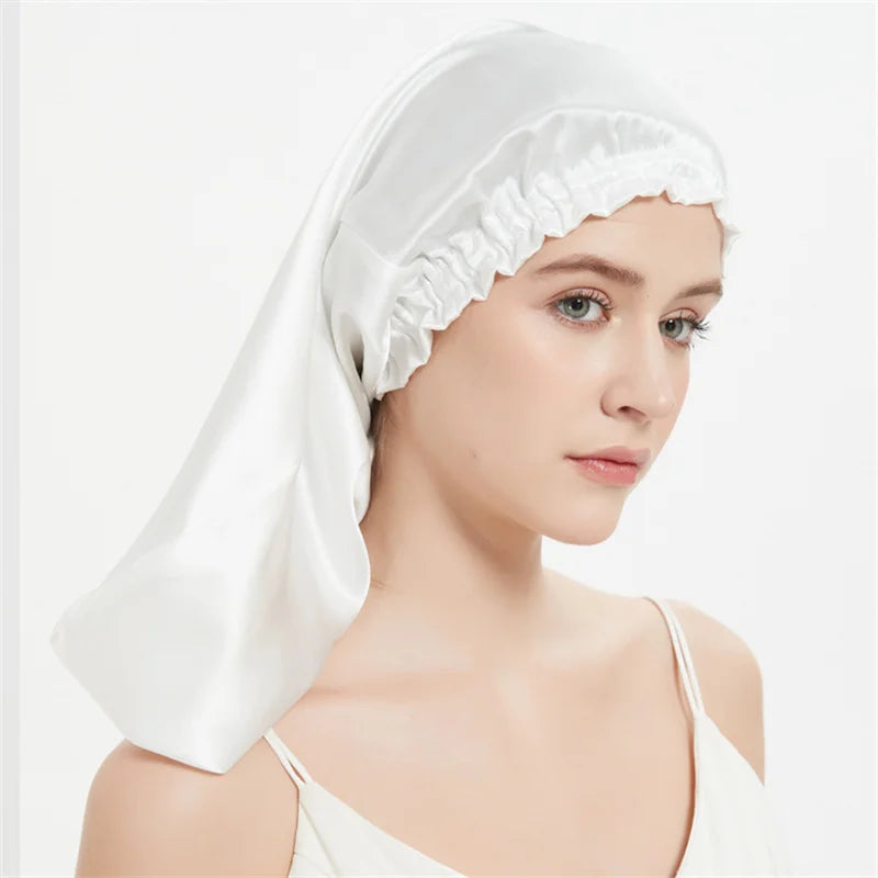 Luxury Comfortable Solid100% Real Silk Long Nightcap Hair Care Perm Beauty Sleeping Hat