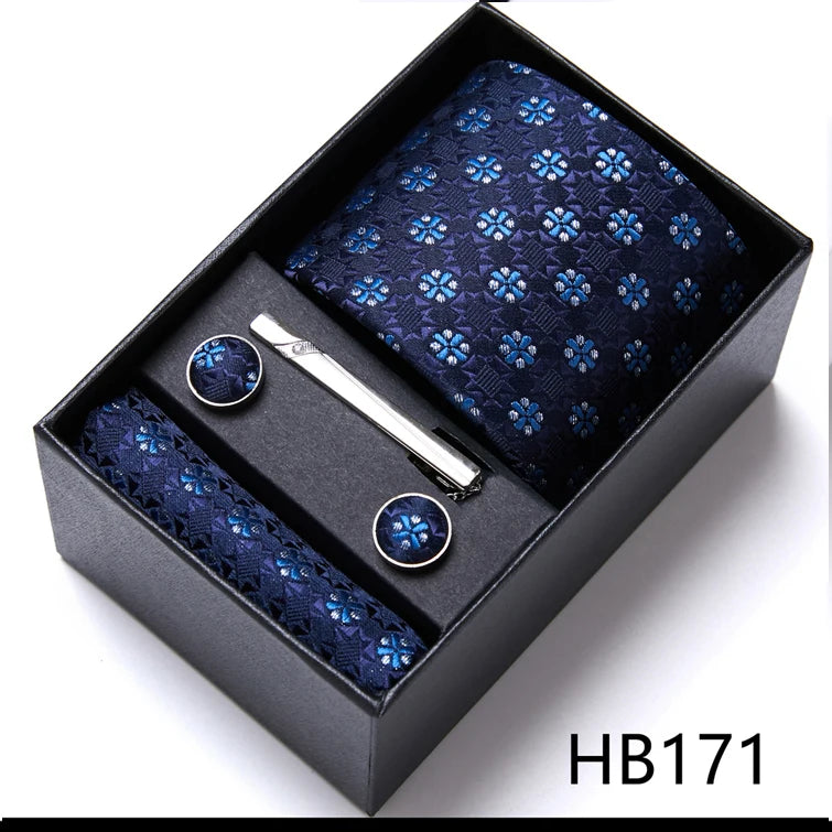 Brand Wholesale Tie Pocket Squares Cufflink Set Necktie Blue Striped Man Wedding Accessories Fit Workplace Holiday Gift Box