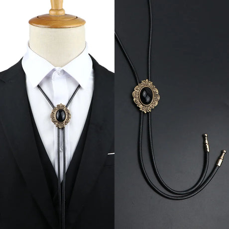 Vintage Bolo Tie Shirt Chain Cowboy Jazz Alloy Men Women Leather Rope Long Necklace Imitation Obsidian Sweater Chain Men Accesso