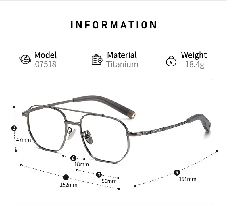 Trendy Men's Large size Titanium Frames Stylish, Double Bridge, Casual, Comfortable, Optical Prescription Eyewear for Men 07518