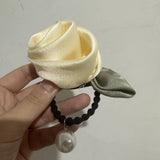 Women Elegant Silk Rose Flower Pearl Elastics Hair Band Beatiful Scrunchies Hair Ties Ladies Ponytail Holder Hair Accessories