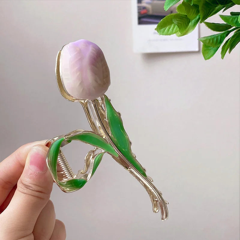 New Tulip Hair Claw Flower grace Shark Clip Headdress Vintage Ponytail Claw Clip Trendy sweet HAIR CLIP FOR GIRL Hair Jewelry