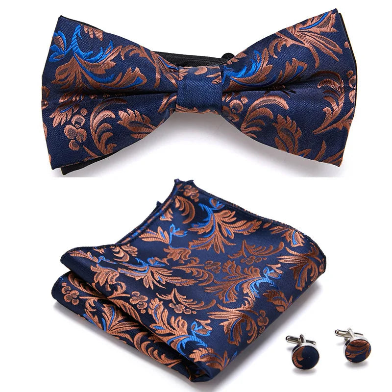 HUISHI Classic Blue Bowties For Men  Paisley Floral Bow Tie Pocket Square Cufflinks Suit Set Wedding Party Plaid Solid Butterfly