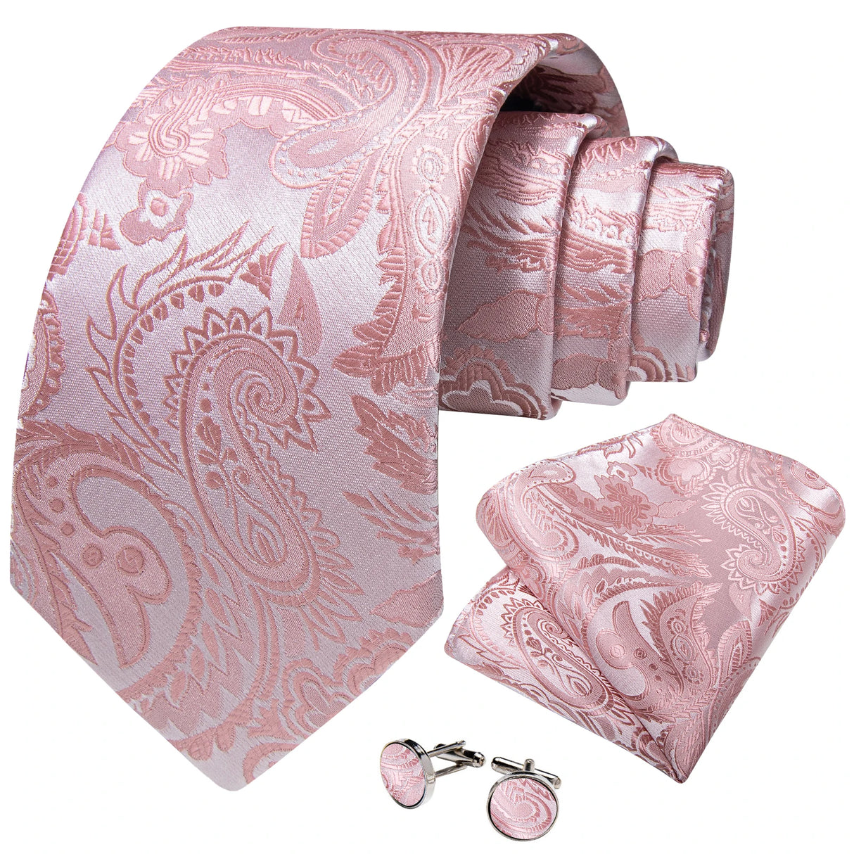 4Pcs Pink Paisley Folral Men Tie Pocket Square Cufflinks Brooch Pin for Wedding Party Groom Accessories 8cm Necktie Gift