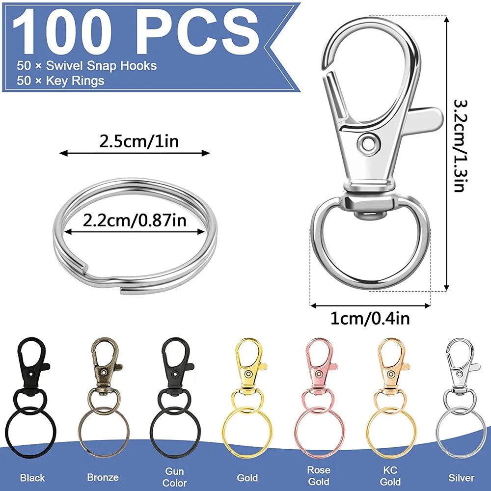 100PCS Swivel Clasps Lanyard Snap Hooks with Key Rings Key Chain Clip Hooks Lobster Claw Clasps for Keychains Jewelry DIY Crafts