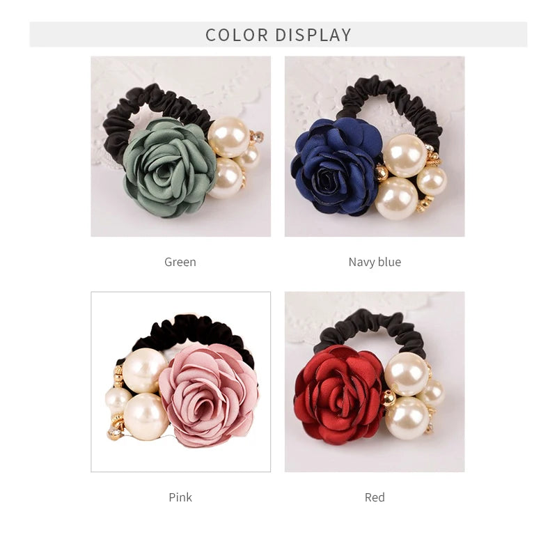 Pearl Rose Flower Hair Elastics Bands Hair Ties Stretchy Rubber Hairbands Floral Headbands Scrunchies Ponytail Holder