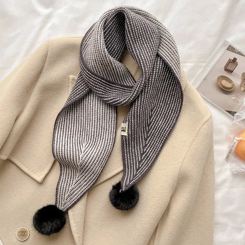 Ladies Fashion Solid Colour Narrow Sharp Corners Stripe Neckerchief Knitted Winter Warm Long Scarf With Pompom