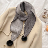 Ladies Fashion Solid Colour Narrow Sharp Corners Stripe Neckerchief Knitted Winter Warm Long Scarf With Pompom