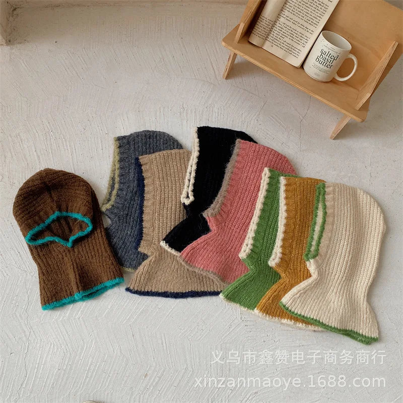 Fashion 2-8 Years Kid Neck Cover all-in-one Cap Windproof Balaclava Hat Winter Warm Clash Colours Scarf Knitted Hats Warm