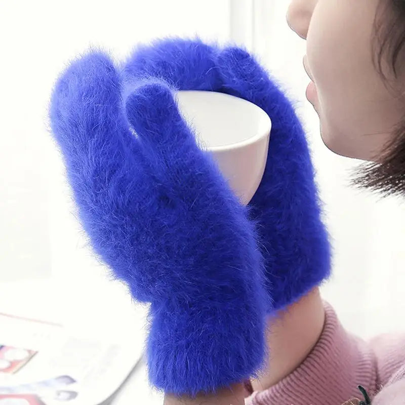 Women Winter Warm Cashmere Gloves Elastic Full Finger Mittens Soft Rabbit Fur Warm Plush Gloves Girls Knitted Riding Gloves