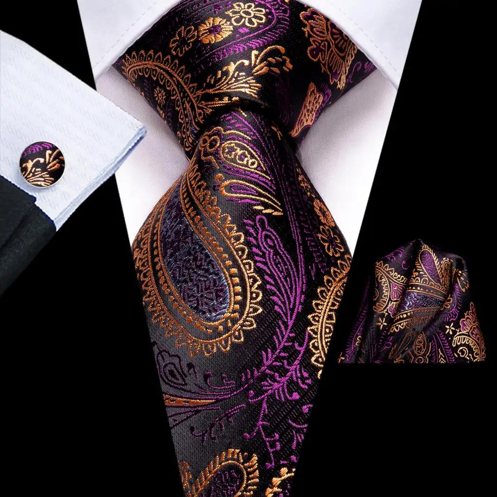 Hi-Tie Purple Lilac Floral Striped Silk Elegant Tie For Men Groom Wedding Men Necktie Pocket Square Cufflink Accessory Wholesale