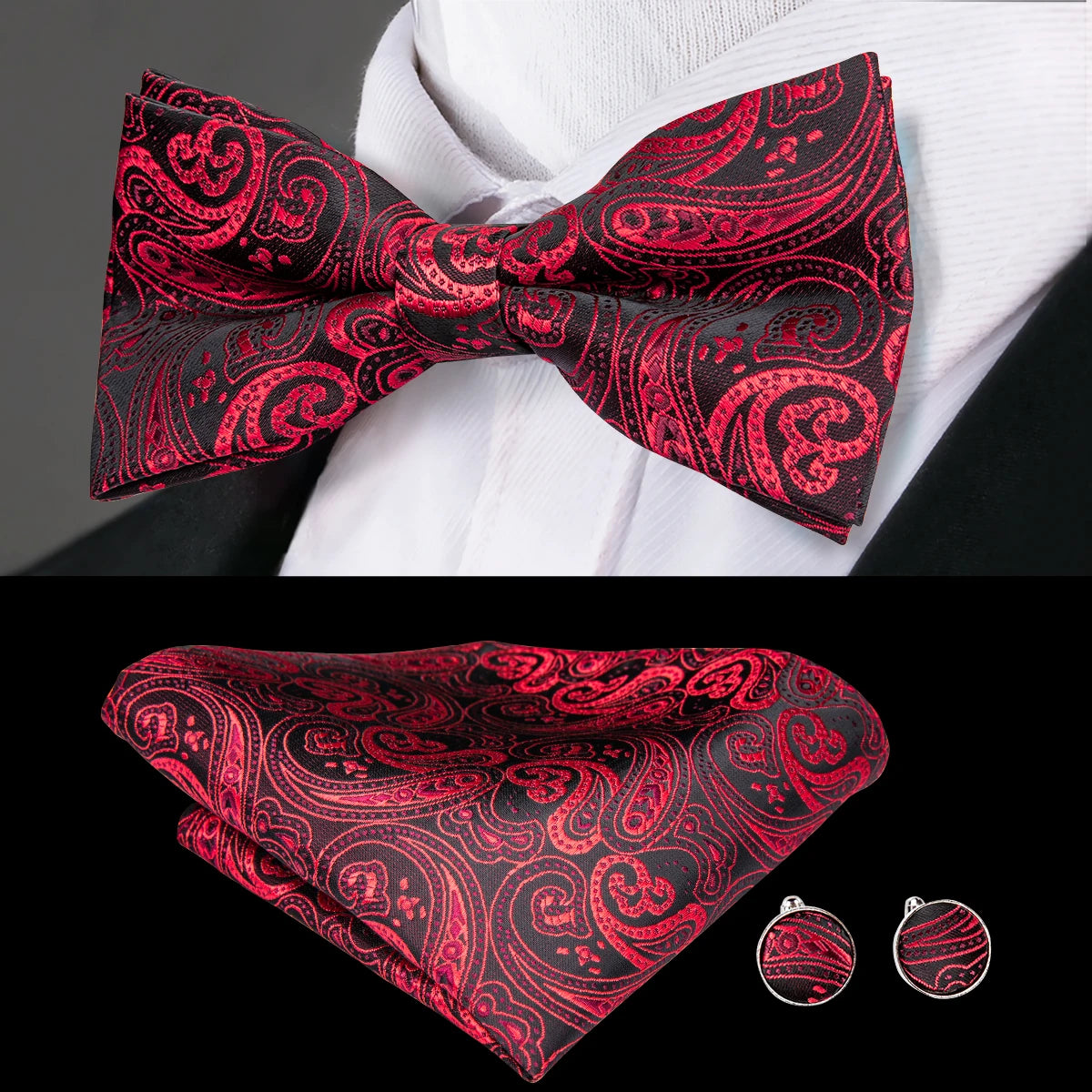 Hi-Tie Brand Silk Pre-tied Men's Bow Tie Hanky Cufflinks Set Bowtie for Male Jacquard Solid Paisley Floral Wedding Business Gift