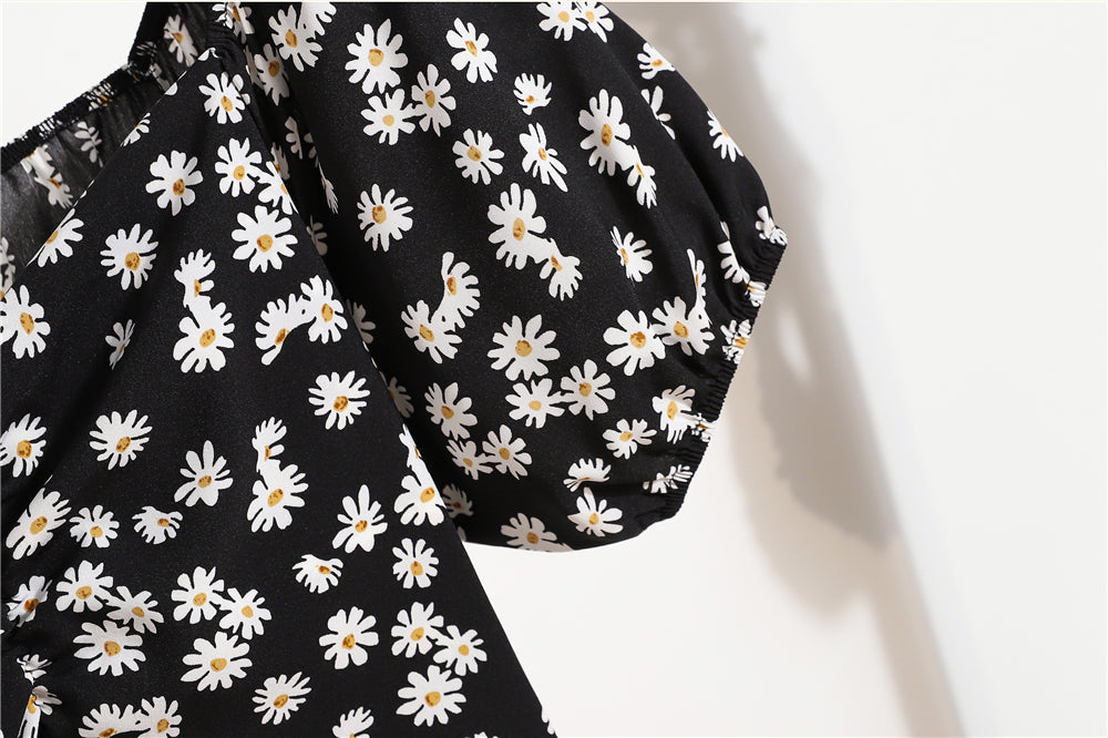 Mini robes d'été pour femmes, mode féminine, imprimé floral, en mousseline de soie, froncée, manches courtes bouffantes, robe décontractée