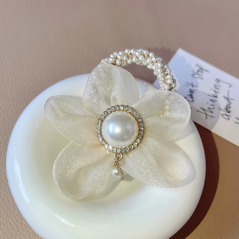 Flower Rhinestone Pearl Hair Elastics Ties Korean Version Headband Ponytail Hair Holder Hair Accessories for Girl and Women