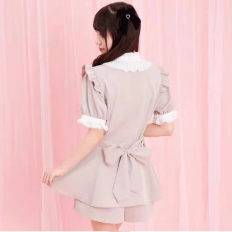 Japanese Style Gothic Y2k Lolita Plaid Rhinestone Bow Dress Shorts Set Sweet Women Puff Short Sleeve Button Shirt Party Dresses